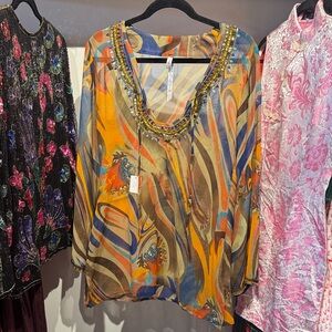 Colorful Sheer Beach Cover-up Top with Beaded Neckline & Sleeves